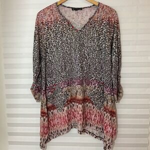 Carine Women XL Leopard Print Tunic‎ Top 3/4 Roll Tab Sleeve V-Neck Pink Brown